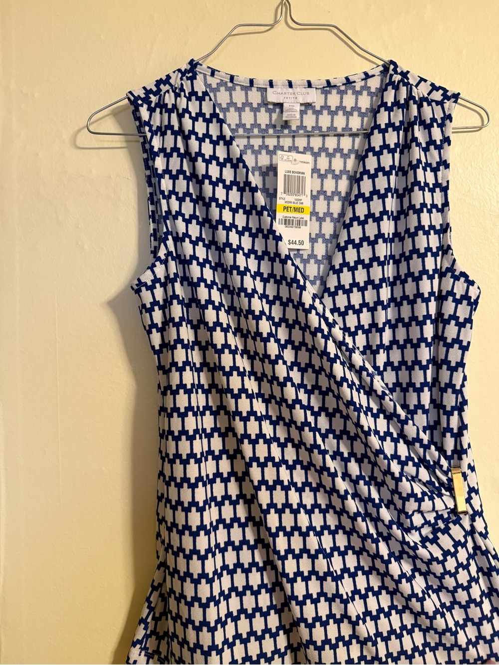 Charter Club Blue & White Geometric V-Neck Blouse new PM with tag